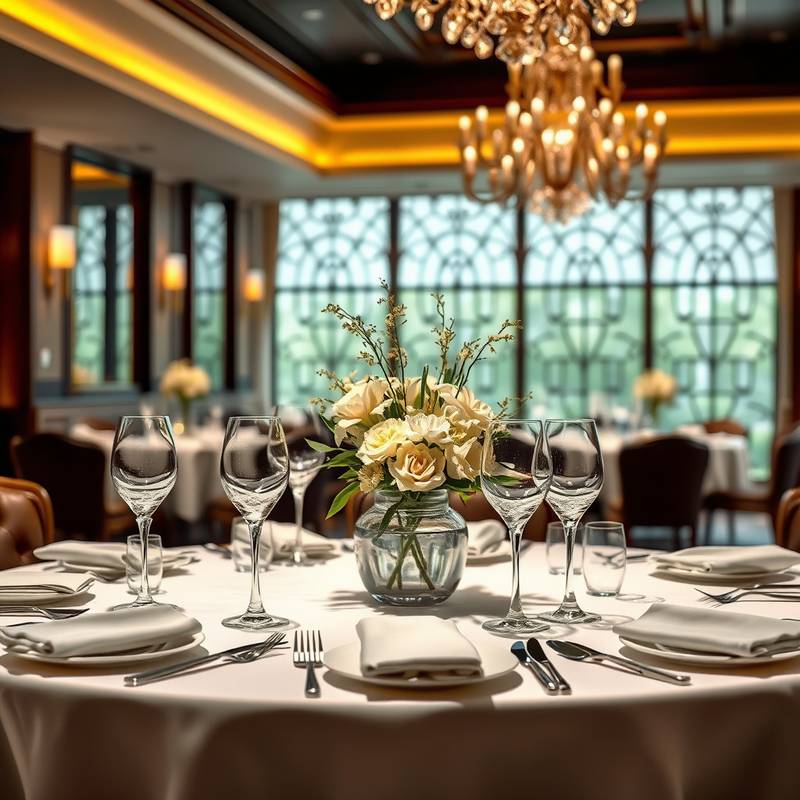 A beautifully set dining table in the hotel's gourmet restaurant, featuring fine china, crystal glassware, and elegant floral arrangements.