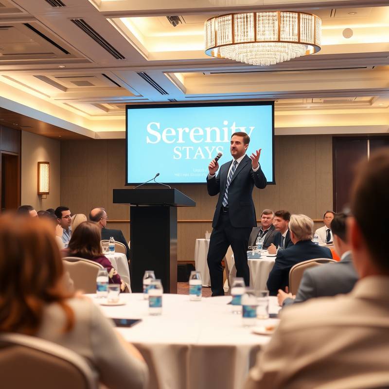 A dynamic photograph of a speaker presenting at a corporate event held in one of Serenity Stays' conference rooms.