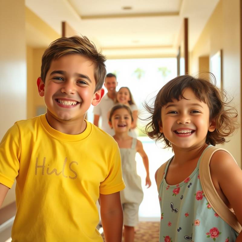 A family with two children smiling and posing in front of the hotel's grand entrance, excited for their vacation.
