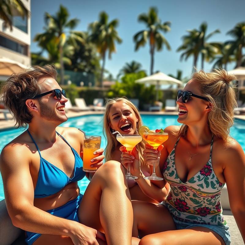 A group of friends laughing around the pool, enjoying cocktails and sunshine during their girls' getaway.