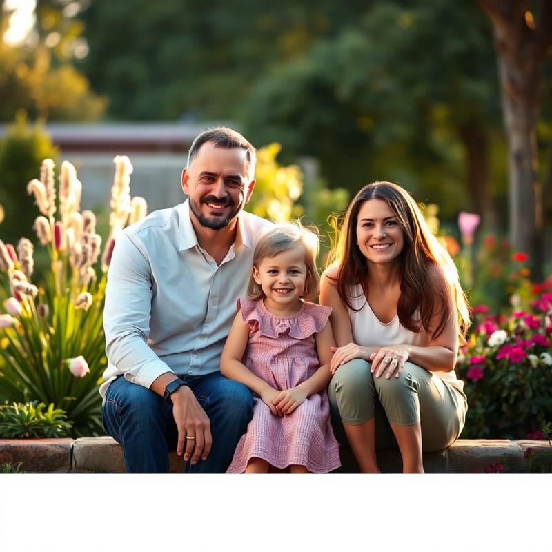 A heartwarming portrait of a family smiling together in the gardens of Serenity Stays.