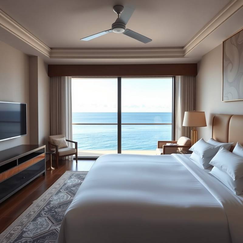 A luxurious suite with a king-size bed, a comfortable seating area, and a stunning ocean view.