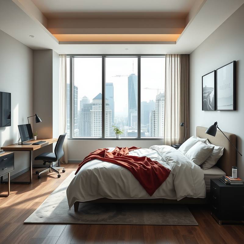 A modern and stylish room with a queen-size bed, a workspace, and a city view.