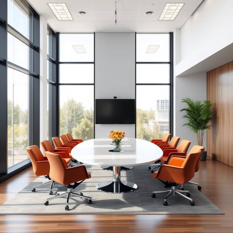 A modern conference room with comfortable seating, state-of-the-art audio-visual equipment, and natural light streaming through large windows.