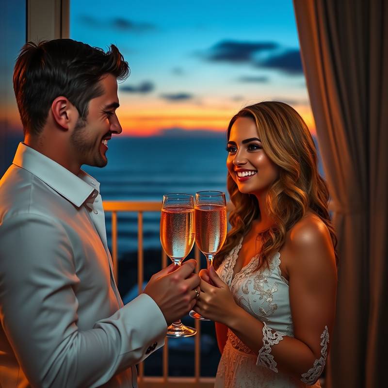 A smiling couple, Sarah and Mark, toasting champagne on their honeymoon suite balcony overlooking the ocean at sunset.