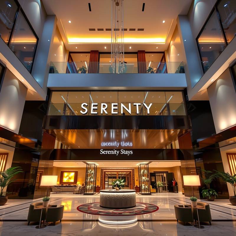 A stunning photograph showcasing the elegant architecture of Serenity Stays' lobby, highlighting its modern design and luxurious ambiance.