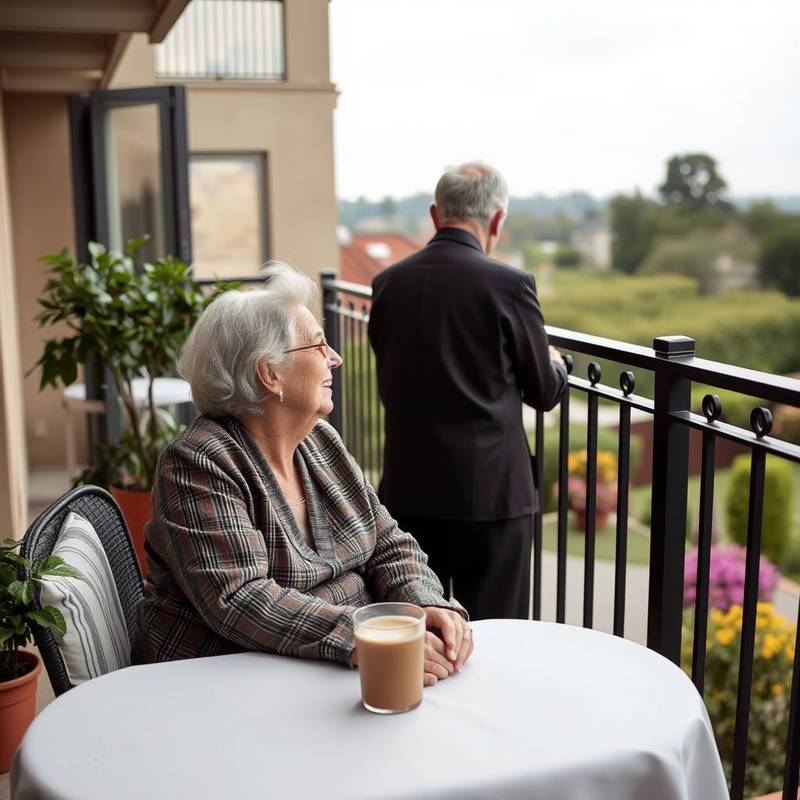 An elderly couple, enjoying a quiet moment together on the hotel terrace overlooking a beautiful garden.