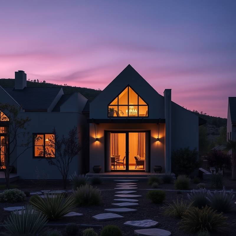 An exterior shot of Serenity Stays at twilight, highlighting its architecture, landscaping, and inviting glow from within.
