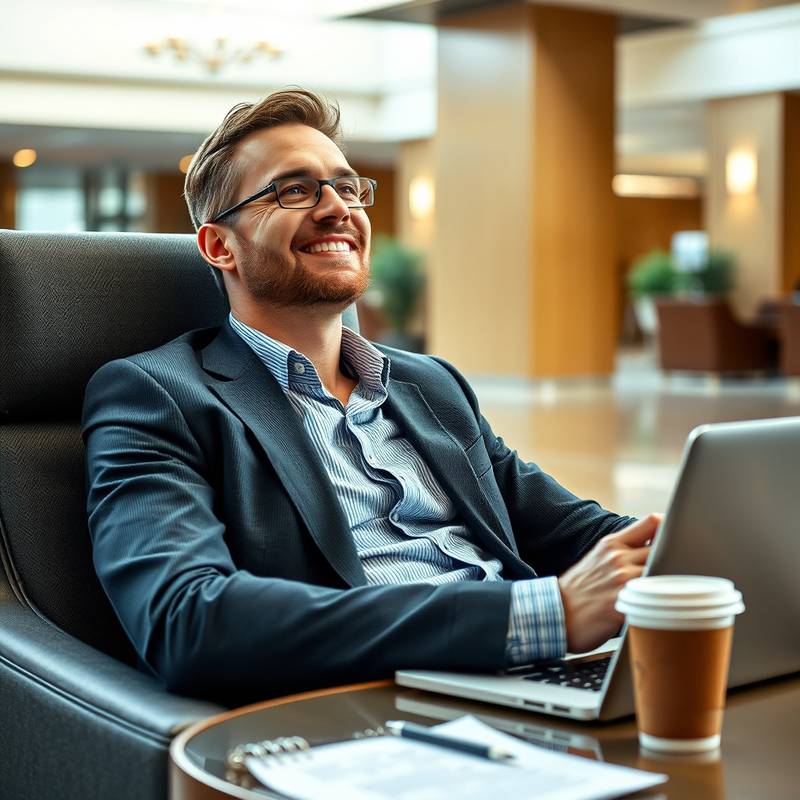 John, a business traveler, working comfortably on his laptop in the hotel lobby, with a cup of coffee and a relaxed expression.