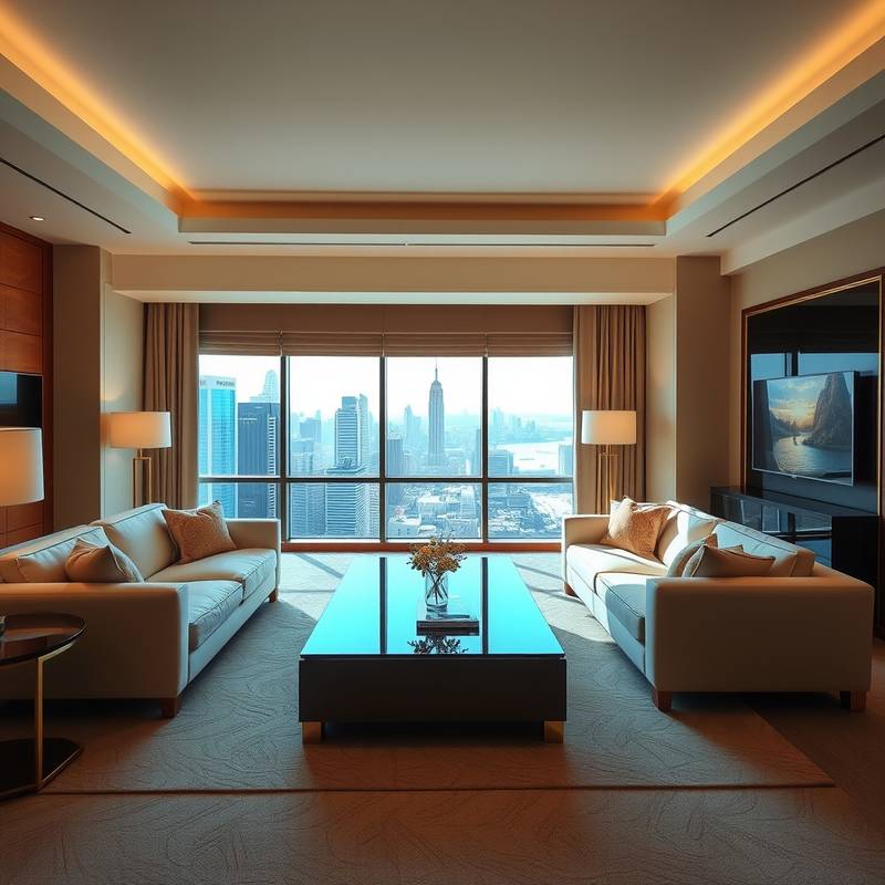 The interior of the Presidential Suite, showing the spacious living area, plush sofas, and large windows with a panoramic city view.